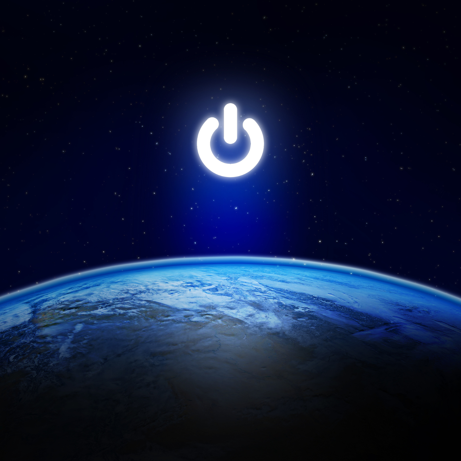 Illustratie van aarde met aan/uit-knop symbool in de ruimte, representatie van gronden en aarden voor gezondheid en welzijn.