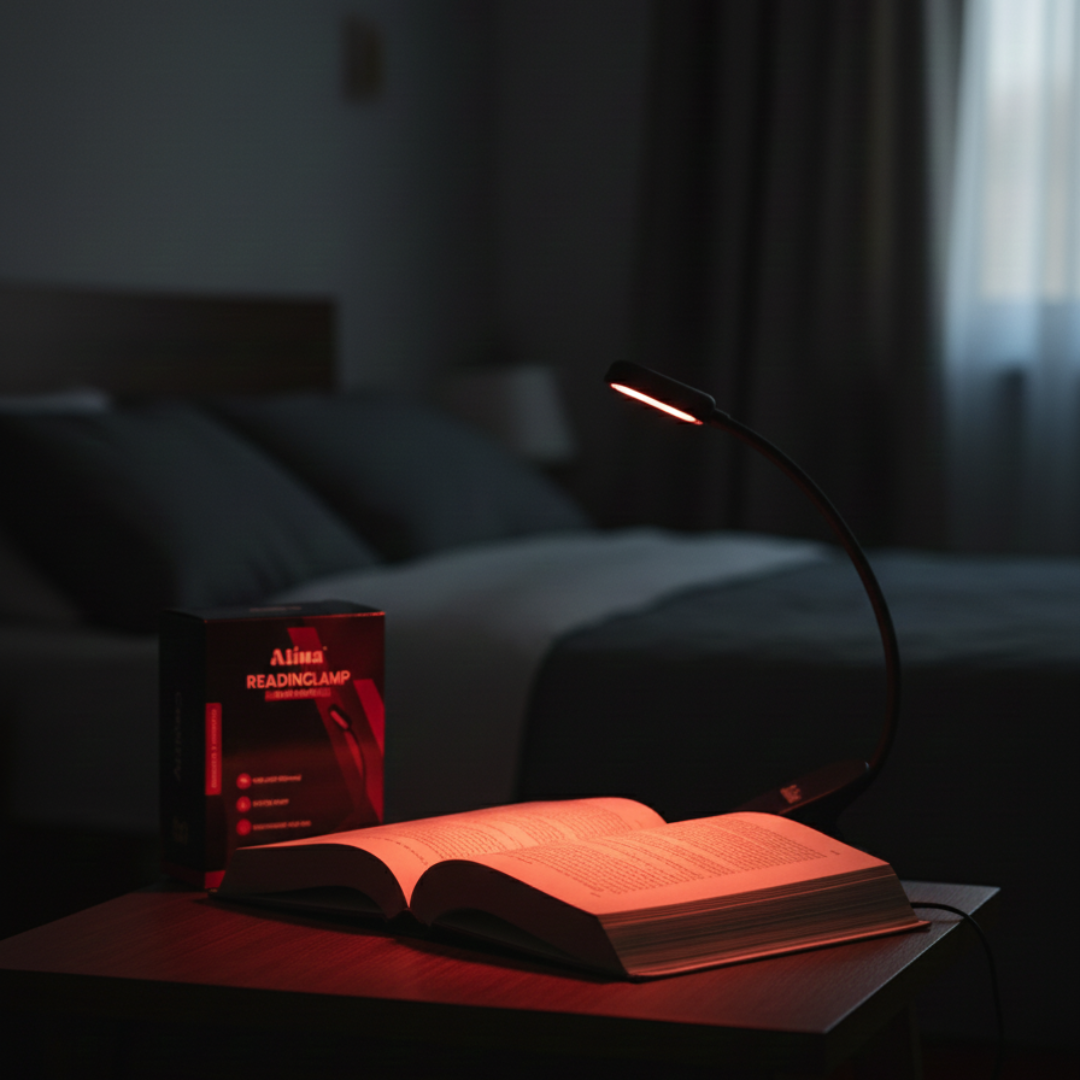 Roodlicht leeslamp met een boek