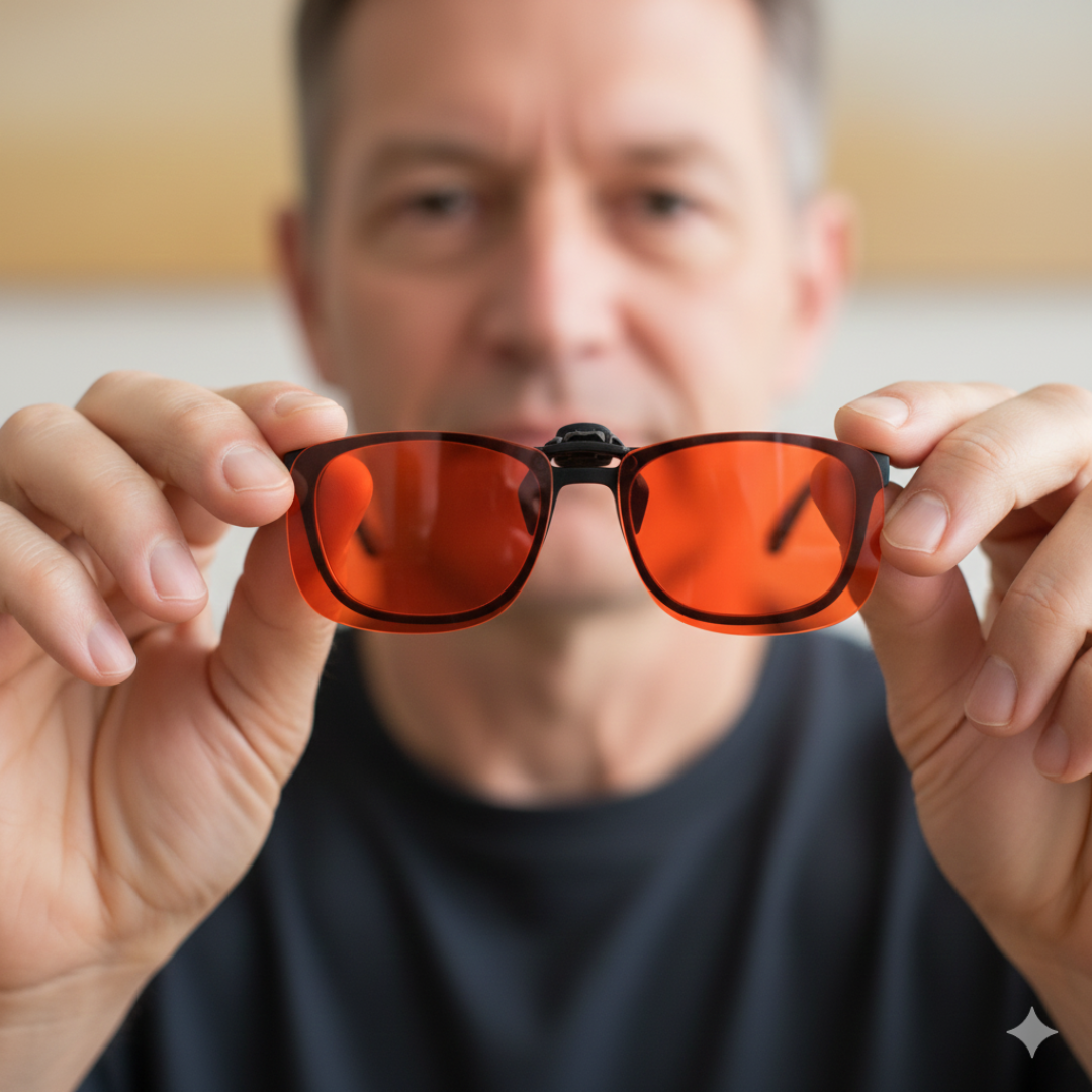 Man met blauwlichtbril in de handen